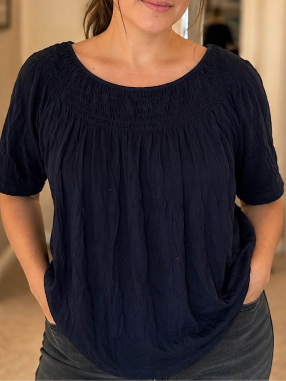 Smocked Yoke Navy Short-Sleeve Tunic Top